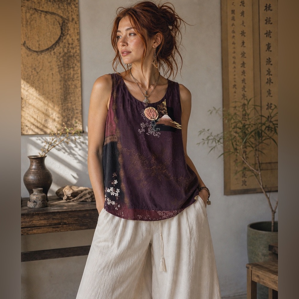 Citron Santa Monica Plum Silk Tank L Mount Fuji Sakura Art Print Lagenlook